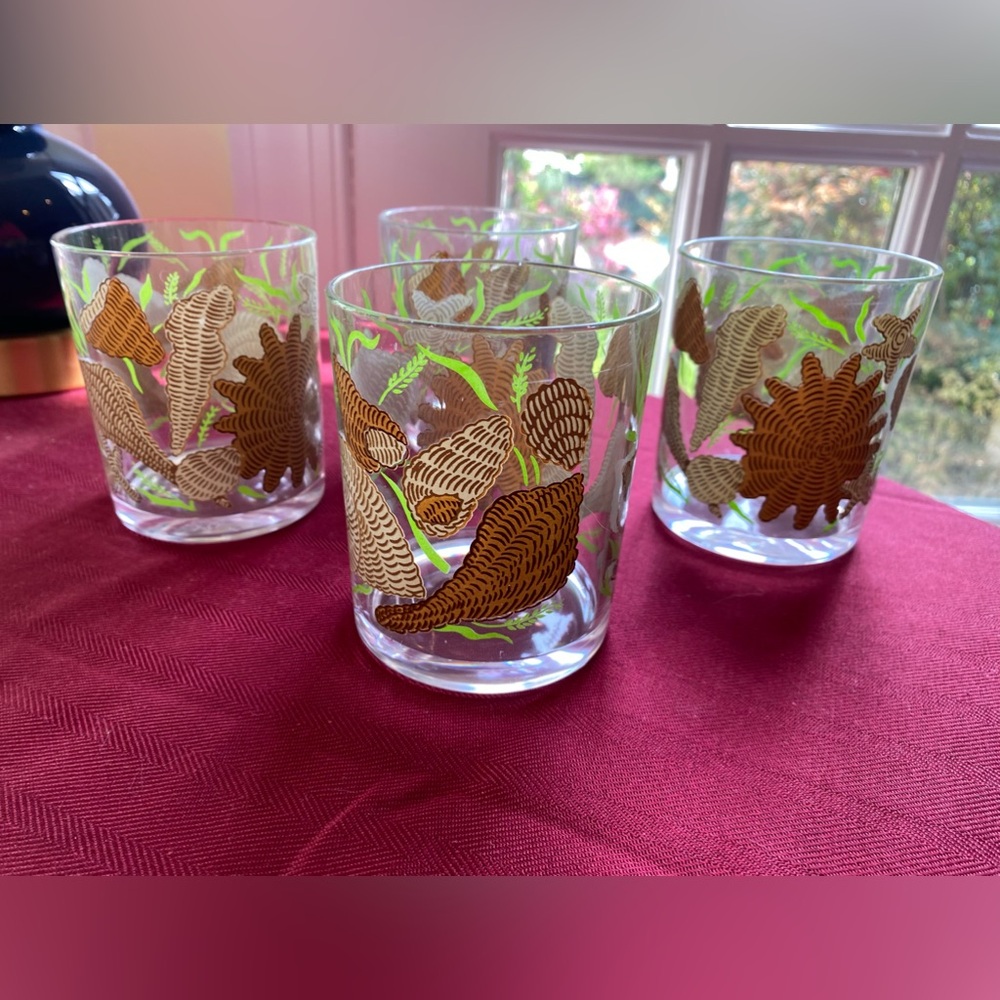 H.J. Stotter Set of 4 Acrylic Tumblers w Brown Shell Motif & Neon Green Seaweed
